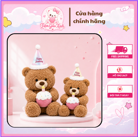 Gấu Bông Teddy Sinh Nhật Ôm Bánh Kem Dễ Thương