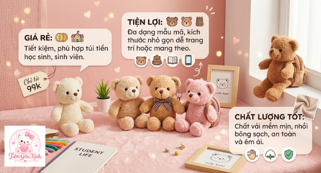 Gấu bông giá rẻ dưới 100k với nhiều mẫu Teddy, thỏ bông, thú nhồi bông dễ thương. Giá tốt, chất lượng đẹp, phù hợp làm quà tặng ý nghĩa.