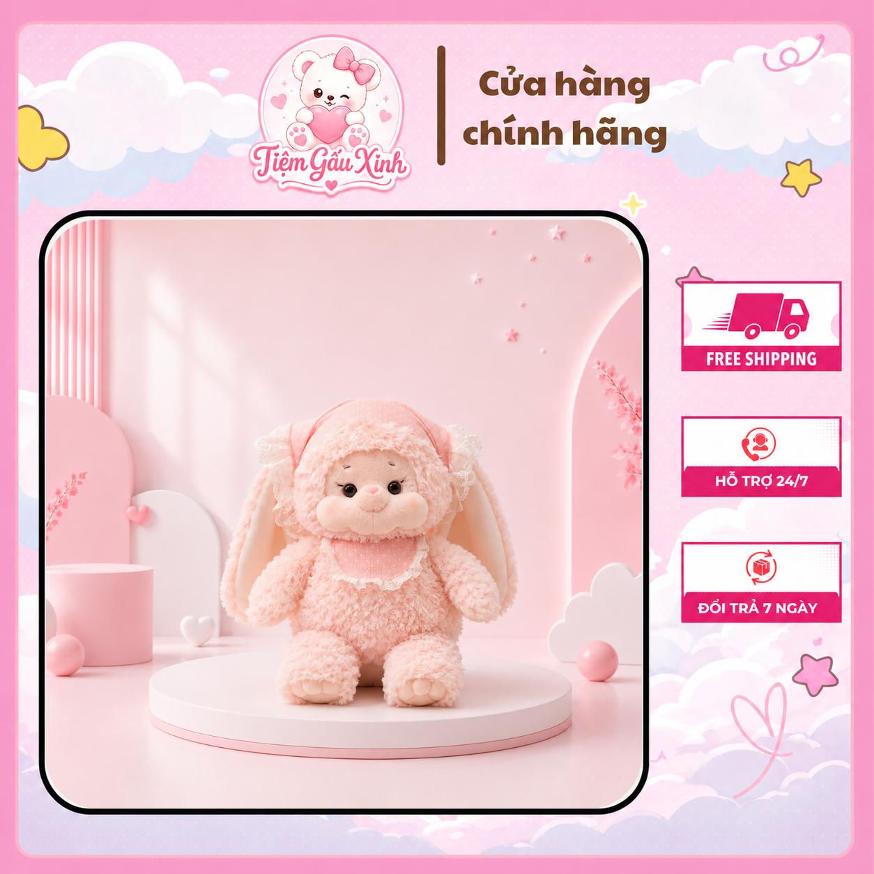 Gấu Bông Thỏ Hồng Đội Khăn Dễ Thương,Gấu Bông Chạy Bộ Thỏ Lông Xù Mềm Mại Làm Quà Tặng Cho Bé, Bạn Gái Đáng Yêu